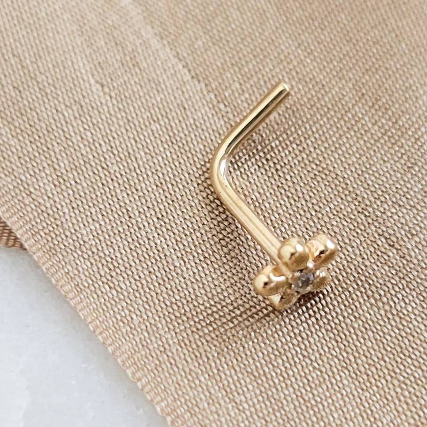 Tiny 14K Gold Flower Nose Stud With Tiny Diamond CZ Accent • Yellow Gold Nose Stud • Dainty Daisy Flower • Waterproof • 20 Gauge • L Bend