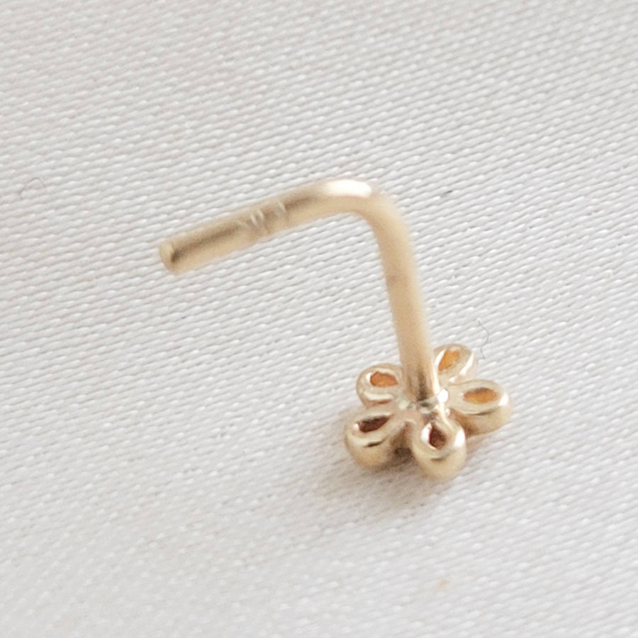 Tiny 14K Gold Flower Nose Stud With Tiny Diamond CZ Accent • Yellow Gold Nose Stud • Dainty Daisy Flower • Waterproof • 20 Gauge • L Bend