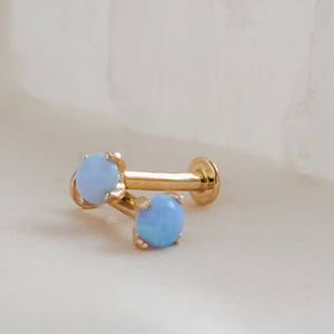 Cabochon blue Opal prong set in 14K fold Flat back studs. Screw in style, 18 gauge. For earlobe, monroe, nose, cartilage, tragus, conch piercings . Body Jewelry