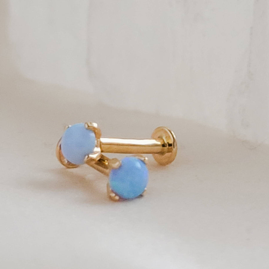 Cabochon blue Opal prong set in 14K fold Flat back studs. Screw in style, 18 gauge. For earlobe, monroe, nose, cartilage, tragus, conch piercings . Body Jewelry