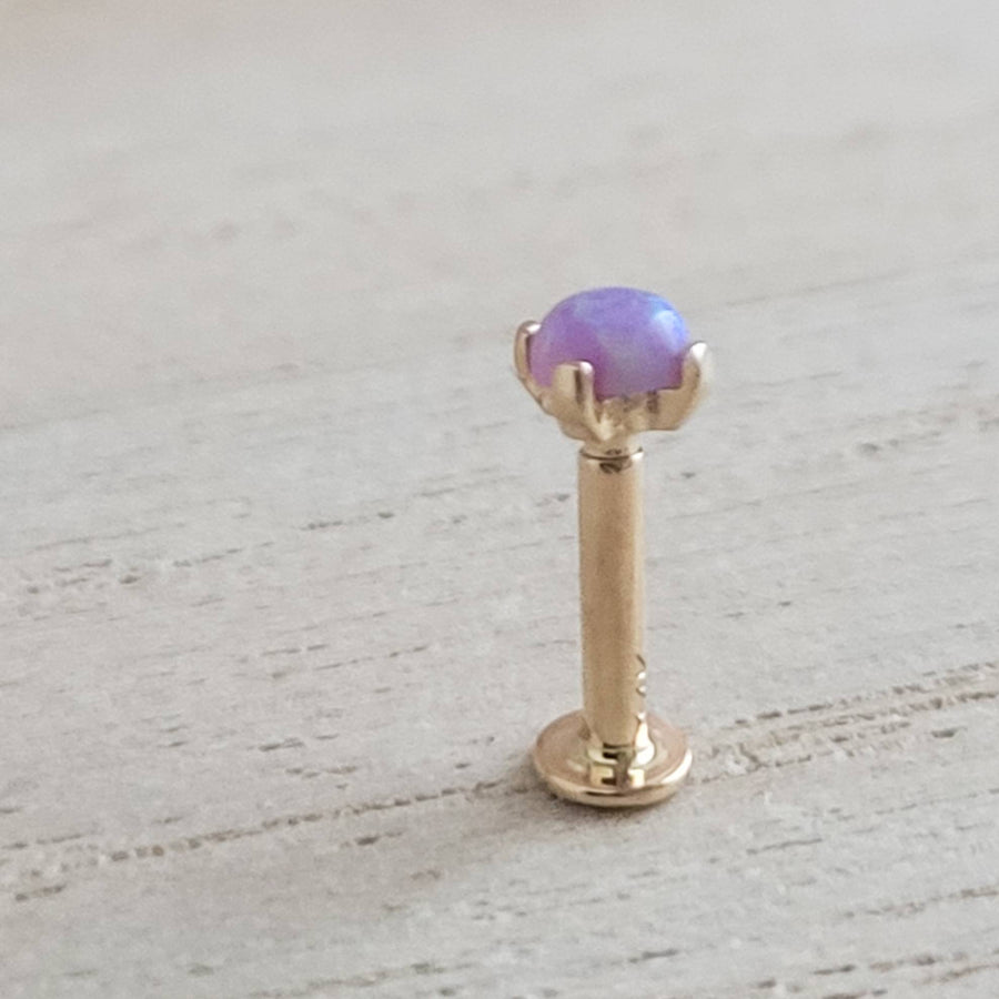 Cabochon purple Opal prong set in 14K fold Flat back stud. Screw in style, 18 gauge. For earlobe, monroe, nose, cartilage, tragus, conch piercings . Body Jewelry