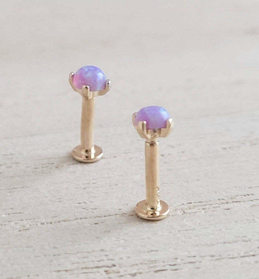 Cabochon purple Opal prong set in 14K fold Flat back studs. Screw in style, 18 gauge. For earlobe, monroe, nose, cartilage, tragus, conch piercings . Body Jewelry