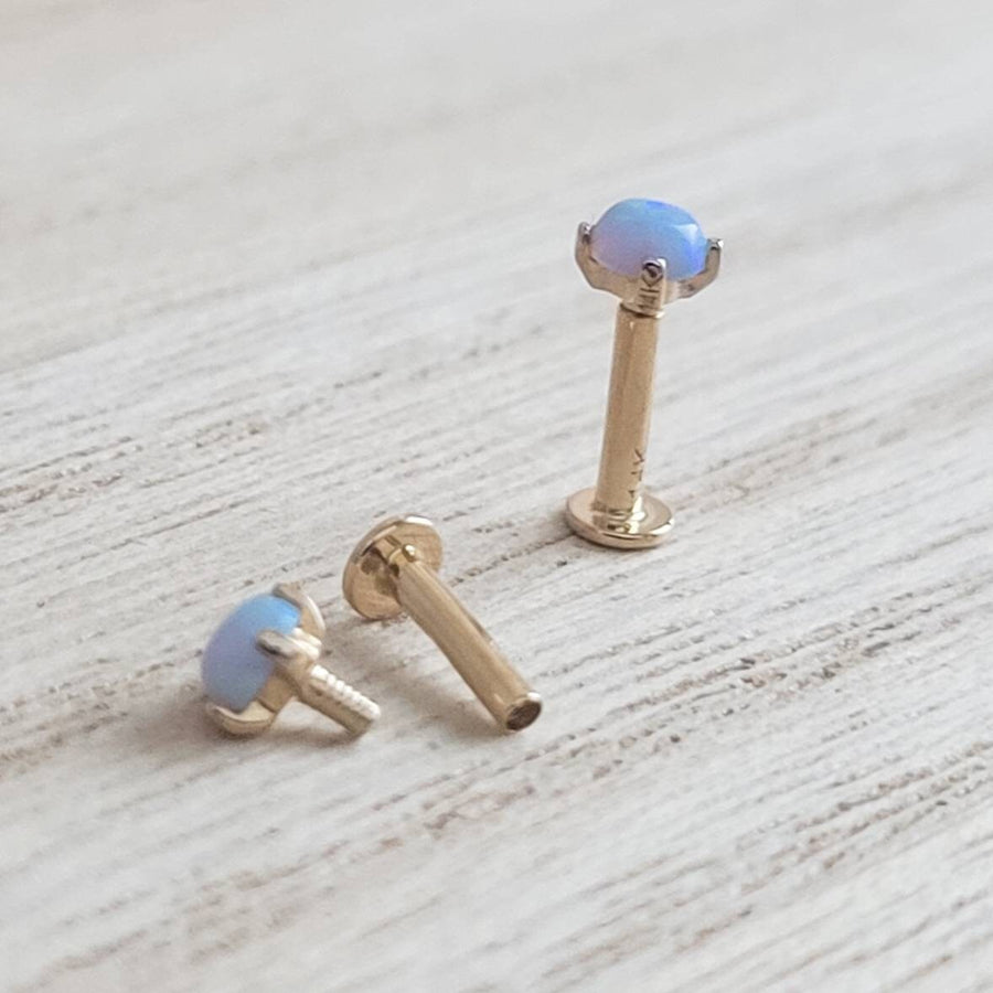 Cabochon Opal prong set in 14K fold Flat back studs. Screw in style, 18 gauge. For earlobe, monroe, nose, cartilage, tragus, conch piercings . Body Jewelry