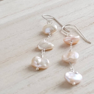 Drop earrings with three keshi pearls on delicate sterling silver chain - By Studio Blue