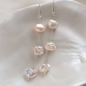 Drop earrings with three keshi pearls on delicate sterling silver chain - By Studio Blue