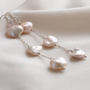 Drop earrings with three keshi pearls on delicate sterling silver chain - By Studio Blue