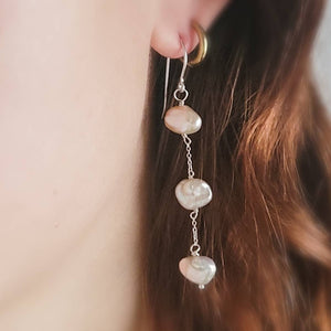 Drop earrings with three keshi pearls on delicate sterling silver chain - By Studio Blue