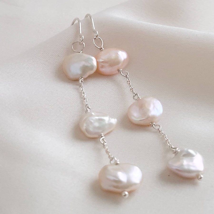 Drop earrings with three keshi pearls on delicate sterling silver chain - By Studio Blue