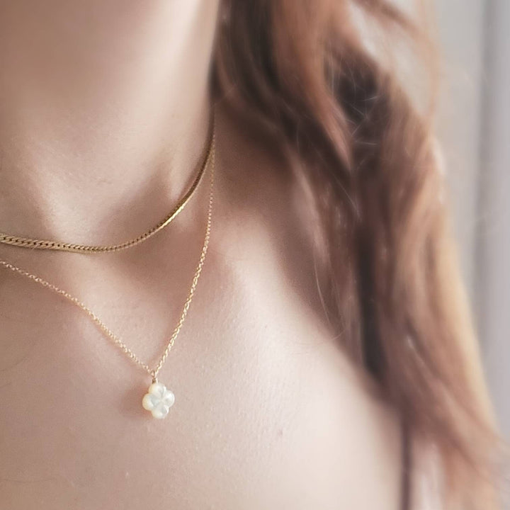 Dainty Mother of Pearl Necklace • Four Leaf Clover • Shamrock Pendant • Delicate Gold Chain • Perfect Gift for Her • Good Luck Charm