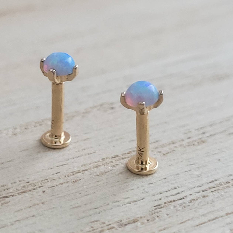 Cabochon Opal prong set in 14K fold Flat back studs. Screw in style, 18 gauge. For earlobe, monroe, nose, cartilage, tragus, conch piercings . Body Jewelry