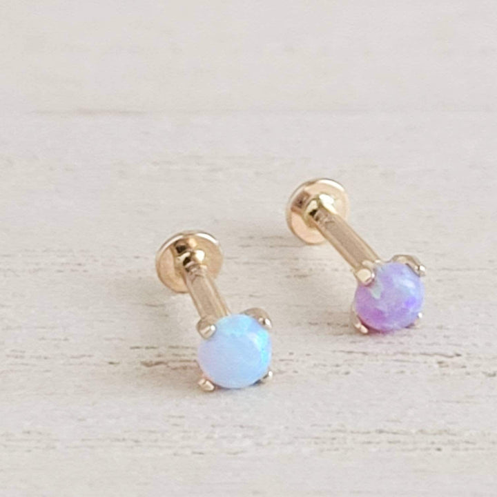 Cabochon Opal prong set in 14K fold Flat back studs. Screw in style, 18 gauge. For earlobe, monroe, nose, cartilage, tragus, conch piercings . Body Jewelry