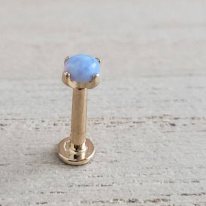 Cabochon blue Opal prong set in 14K fold Flat back stud. Screw in style, 18 gauge. For earlobe, monroe, nose, cartilage, tragus, conch piercings . Body Jewelry