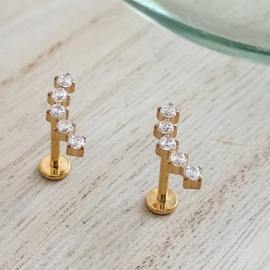 Diamond CZ Ear climber featuring 5 stones, made from implant grade titanium, 14k gold plated. Screw in flat back style for cartilage or lobe by Studio Blue on Etsy