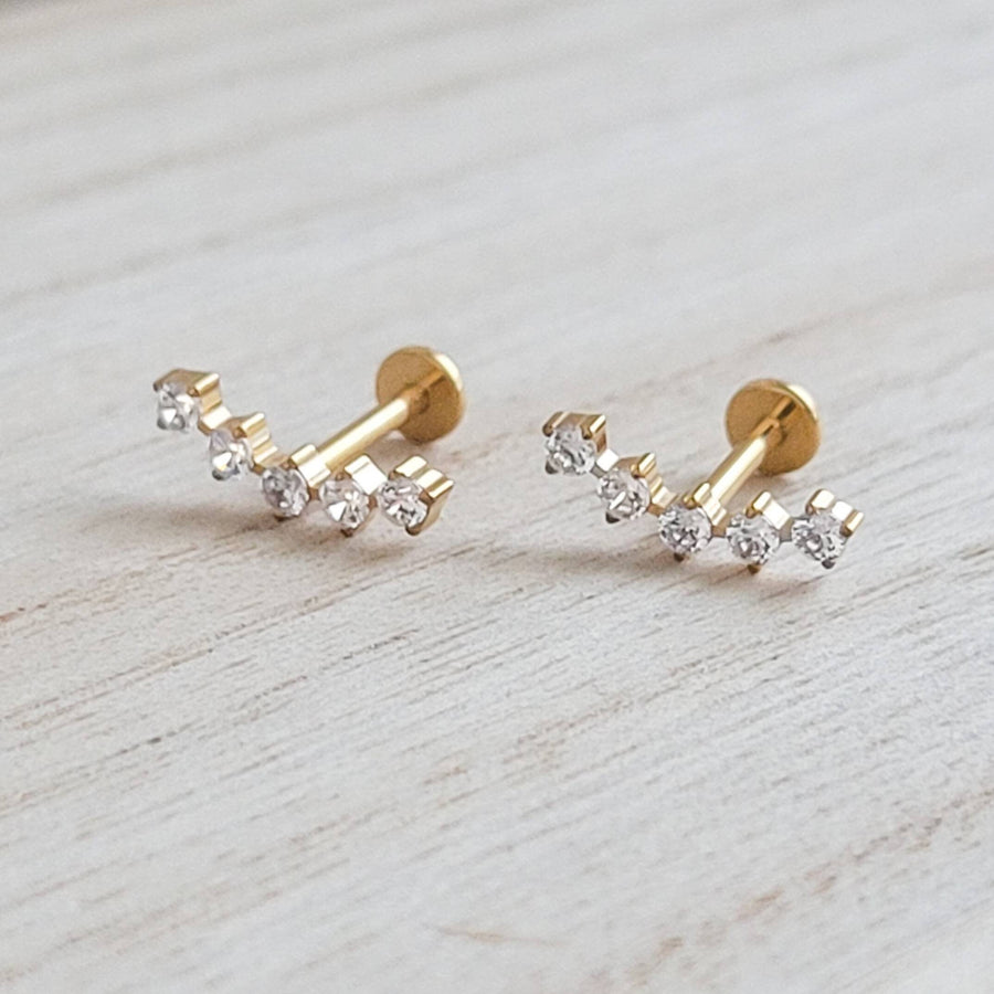 Diamond CZ Ear climber featuring 5 stones, made from implant grade titanium, 14k gold plated. Screw in flat back style for cartilage or lobe by Studio Blue on Etsy