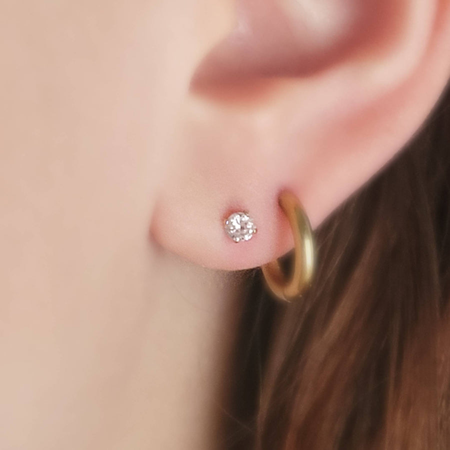 14 karat gold and Diamond CZ push in style flat back studs modeled on ear.