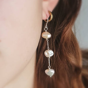 Drop earrings with three keshi pearls on delicate sterling silver chain - By Studio Blue