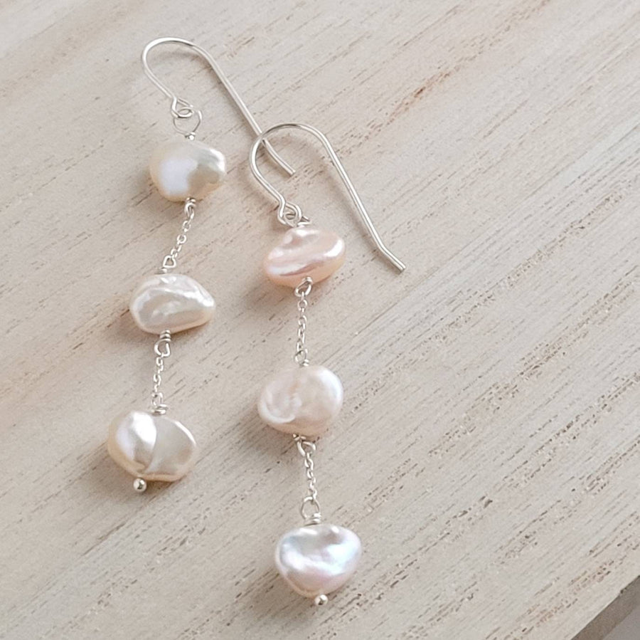 Drop earrings with three keshi pearls on delicate sterling silver chain - By Studio Blue