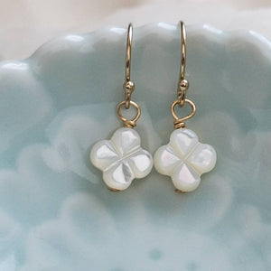 Hand carved mother of pearl 4 leaf clover drop earrings in 14k gold fill. - By Studio Blue