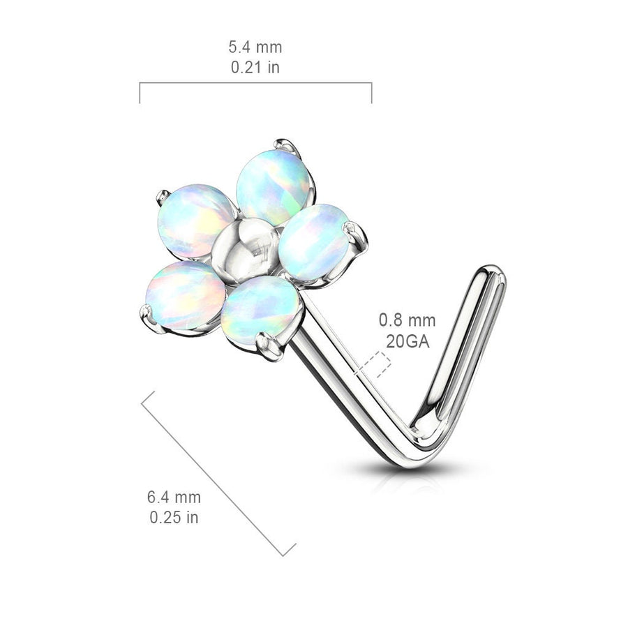 Pretty Opal Flower Nose Stud • L Bend • Surgical Steel • Iridescent Opals • Tiny Opal Flower • 20 Gauge • Nose Piercing • Body Jewelry