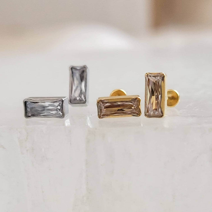 Cubic Zirconia Baguette Studs. Flat Back push in comfort fit. Sleep in earrings in Titanium or Gold plate by Studio Blue on Etsy