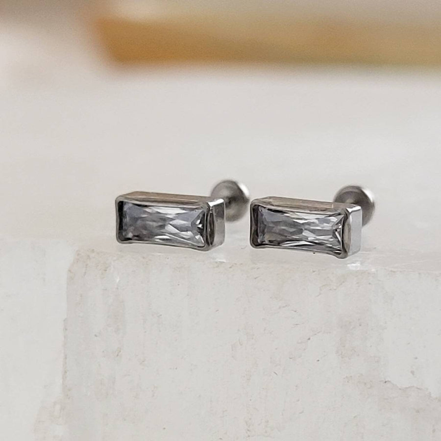 Cubic Zirconia Baguette Studs. Flat Back push in comfort fit. Sleep in earrings in Titanium by Studio Blue on Etsy