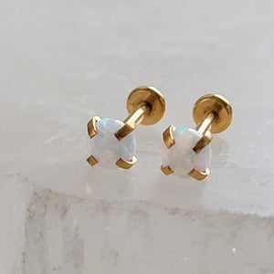 White opal flat back studs in 14K gold plated 316L Surgical Steel, push in style by Studio Blue on Etsy