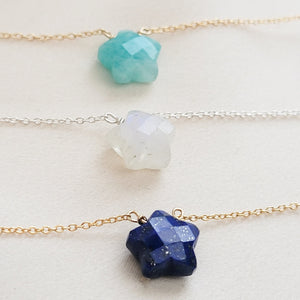 Gemstone star necklace in Amazonite, Rainbow Moonstone and Lapis Lazuli with Sterling silver or 14k gold fill chain on model, by Studio Blue on Etsy