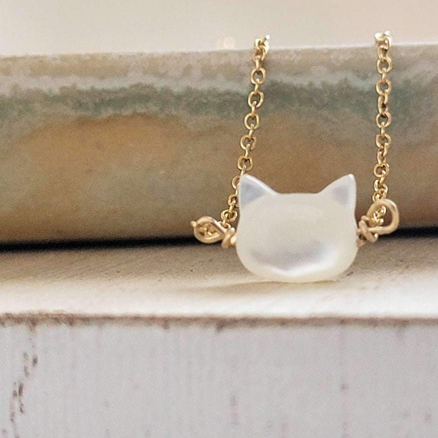 Mother of Pearl cat necklace. White Mother of Pearl carved cat charm on delicate chain in 14k gold fill, by Studio Blue on Etsy