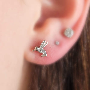 Cute Little Hummingbird Flat Back Studs • Sparkle Diamond CZ Body Jewelry • Internally Threaded • 16 Gauge • Comfort Studs • Sleep In