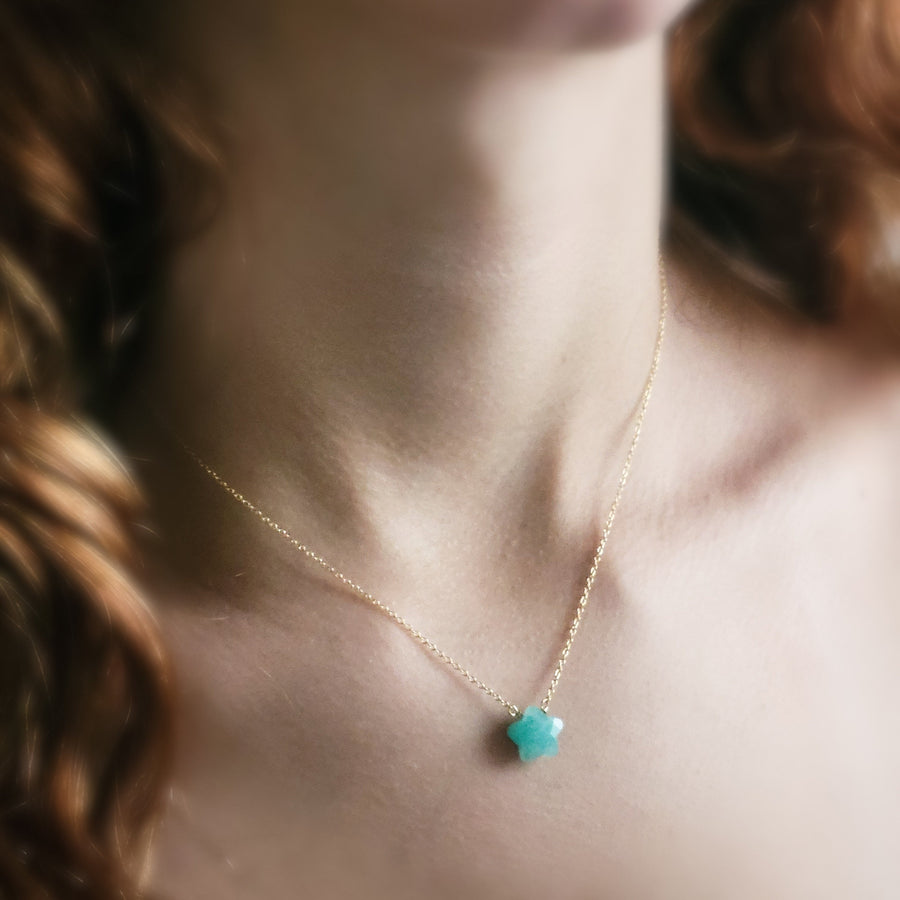 Gemstone star necklace in Amazonite with 14k gold fill chain on model, by Studio Blue on Etsy