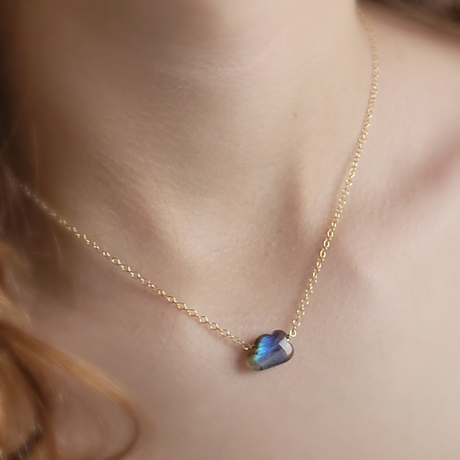 Gemstone Cloud Necklace, Labradorite and 14k gold fill chain on model, by Studio Blue on Etsy