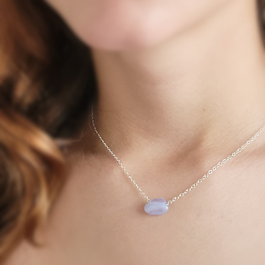 Gemstone Cloud Necklace, Blue Lace Agate and sterling silver chain on model, by Studio Blue on Etsy