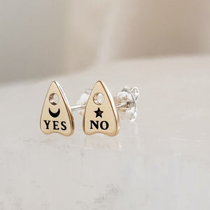 Bronze Ouija Board-inspired stud earrings on a white background. Yes & No, Moon & Star. By Studio Blue on Etsy