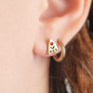 Bronze Ouija Board-inspired stud earrings on model. Yes & Moon. By Studio Blue on Etsy