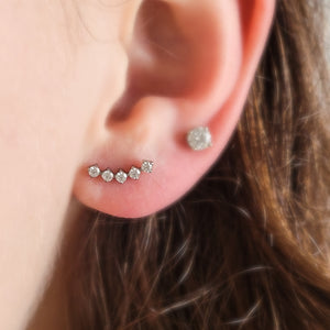 Diamond CZ Crescent Climber • Titanium Flat Back Stud • Cartilage or Lobe • Hypoallergenic • Waterproof • Screw back Comfort Fit • Sleep In