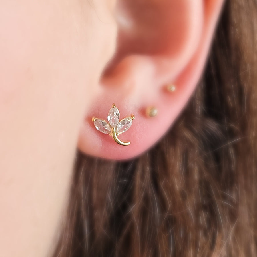 Sparkle Vine Flat Back Stud • Delicate Leaf Stud • 3-Marquise CZ • Threaded 316L Surgical Steel • Labret • Monroe • Cartilage • 16g