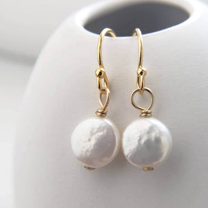 Tiny Coin Pearl Earrings • Delicate Pearl Drops • Simple Pearl Earrings • White Pearls • Bridesmaid Gift • Dainty Pearl Earrings • Gold