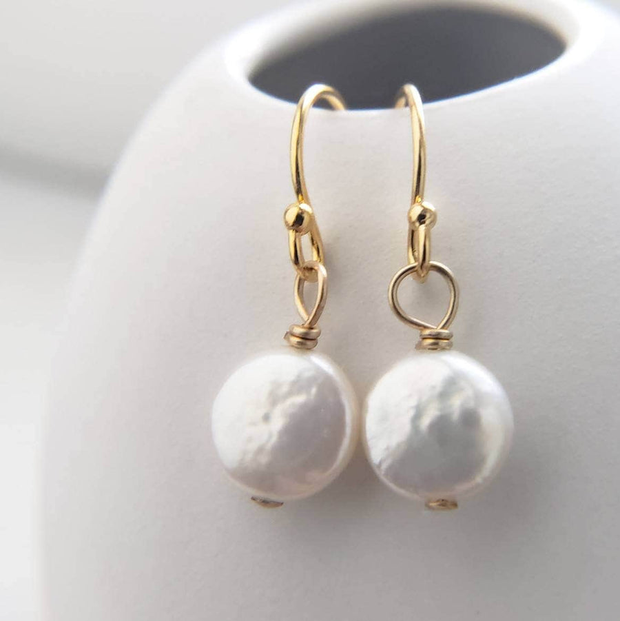 Tiny Coin Pearl Earrings • Delicate Pearl Drops • Simple Pearl Earrings • White Pearls • Bridesmaid Gift • Dainty Pearl Earrings • Gold