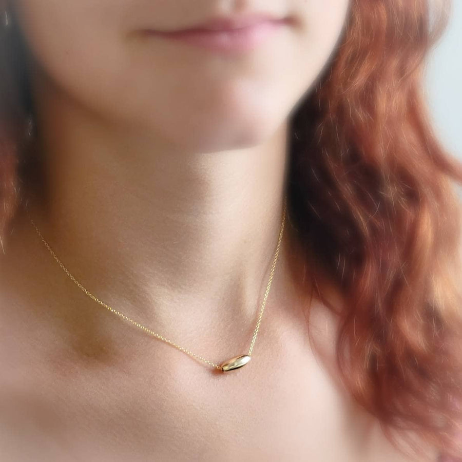 Modern Gold Necklace • Gold Floating Bead Necklace • Single Oval Bead • Minimalist Style • Layering Necklace • Floating Oval Bead