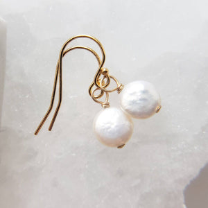 Tiny Coin Pearl Earrings • Delicate Pearl Drops • Simple Pearl Earrings • White Pearls • Bridesmaid Gift • Dainty Pearl Earrings • Gold