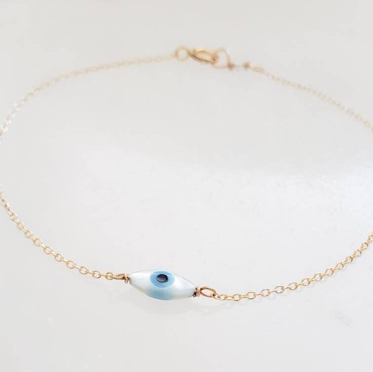 Dainty Evil Eye Bracelet • Mother of Pearl Evil Eye • Stacking Bracelet • Delicate Bracelet • Good Luck • Protection • Best Friend Gift