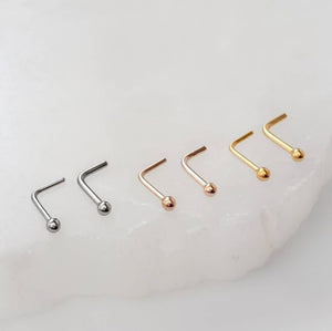 Tiny Ball L Bend Nose Stud • 18g or 20g • Surgical Steel • Gold • Rose Gold • 2mm Ball Stud • Delicate Nose Stud • Dainty Stud