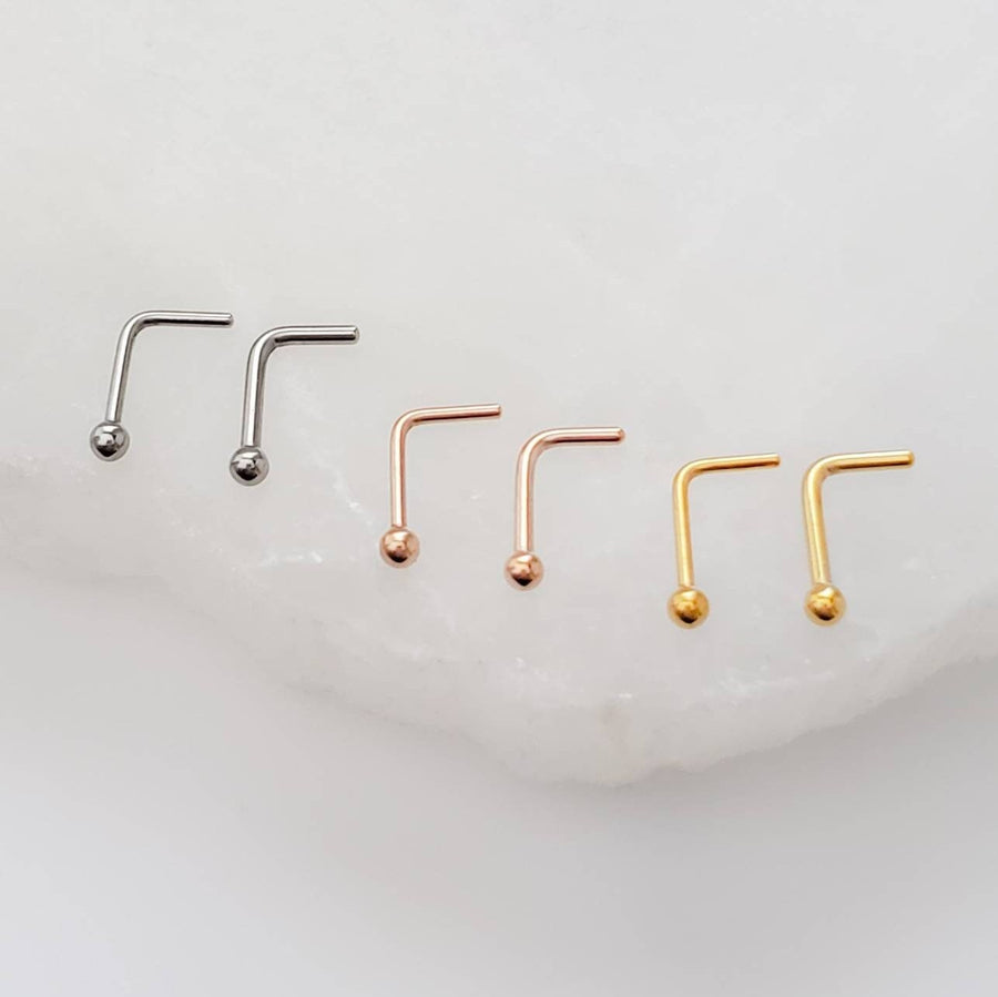 Tiny Ball L Bend Nose Stud • 18g or 20g • Surgical Steel • Gold • Rose Gold • 2mm Ball Stud • Delicate Nose Stud • Dainty Stud