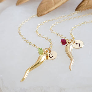 Italian Horn Cornicello Necklace • Personalized Initial & Birthstone • Good Luck Charm • Protection Amulet • Gold Horn Necklace • Waterproof