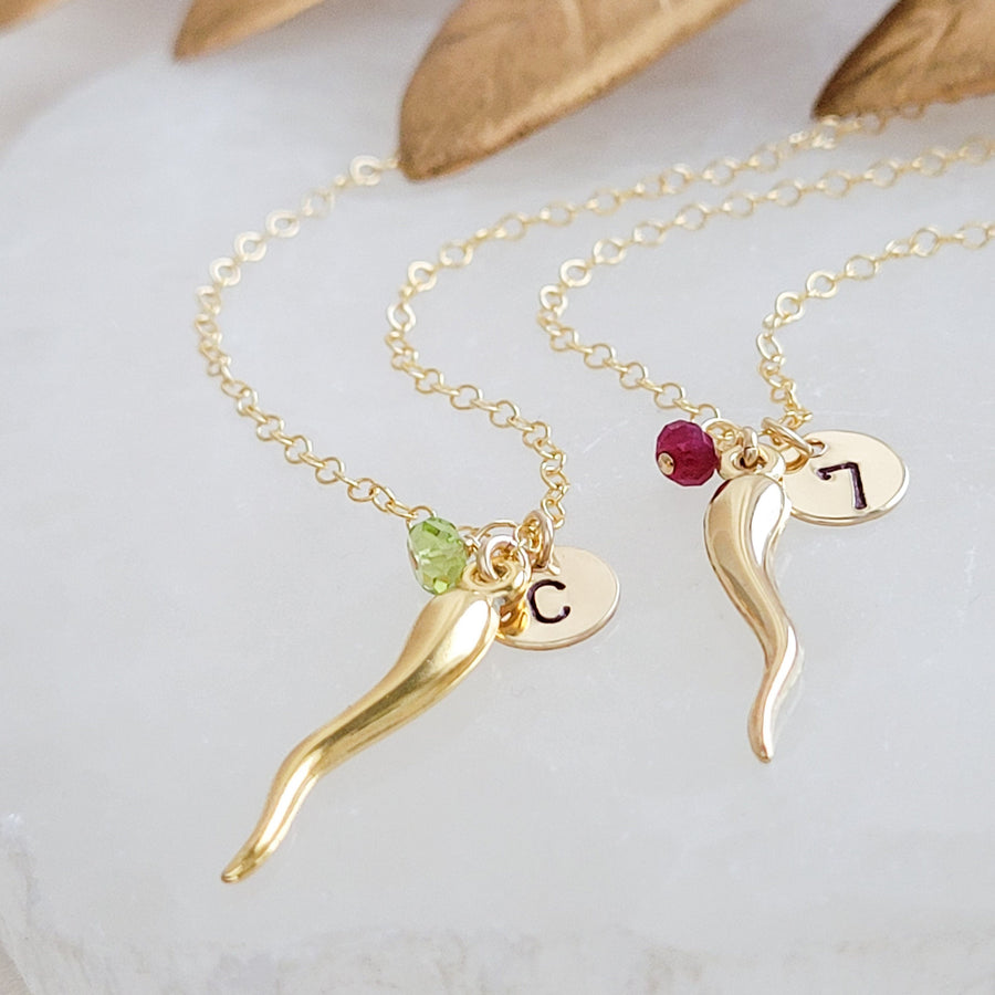 Italian Horn Cornicello Necklace • Personalized Initial & Birthstone • Good Luck Charm • Protection Amulet • Gold Horn Necklace • Waterproof