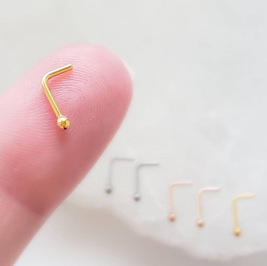 Tiny Ball L Bend Nose Stud • 18g or 20g • Surgical Steel • Gold • Rose Gold • 2mm Ball Stud • Delicate Nose Stud • Dainty Stud