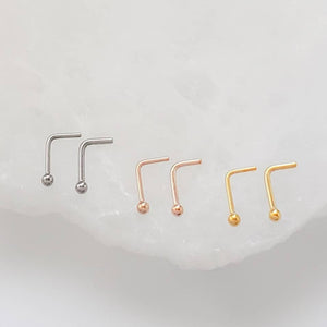 Tiny Ball L Bend Nose Stud • 18g or 20g • Surgical Steel • Gold • Rose Gold • 2mm Ball Stud • Delicate Nose Stud • Dainty Stud