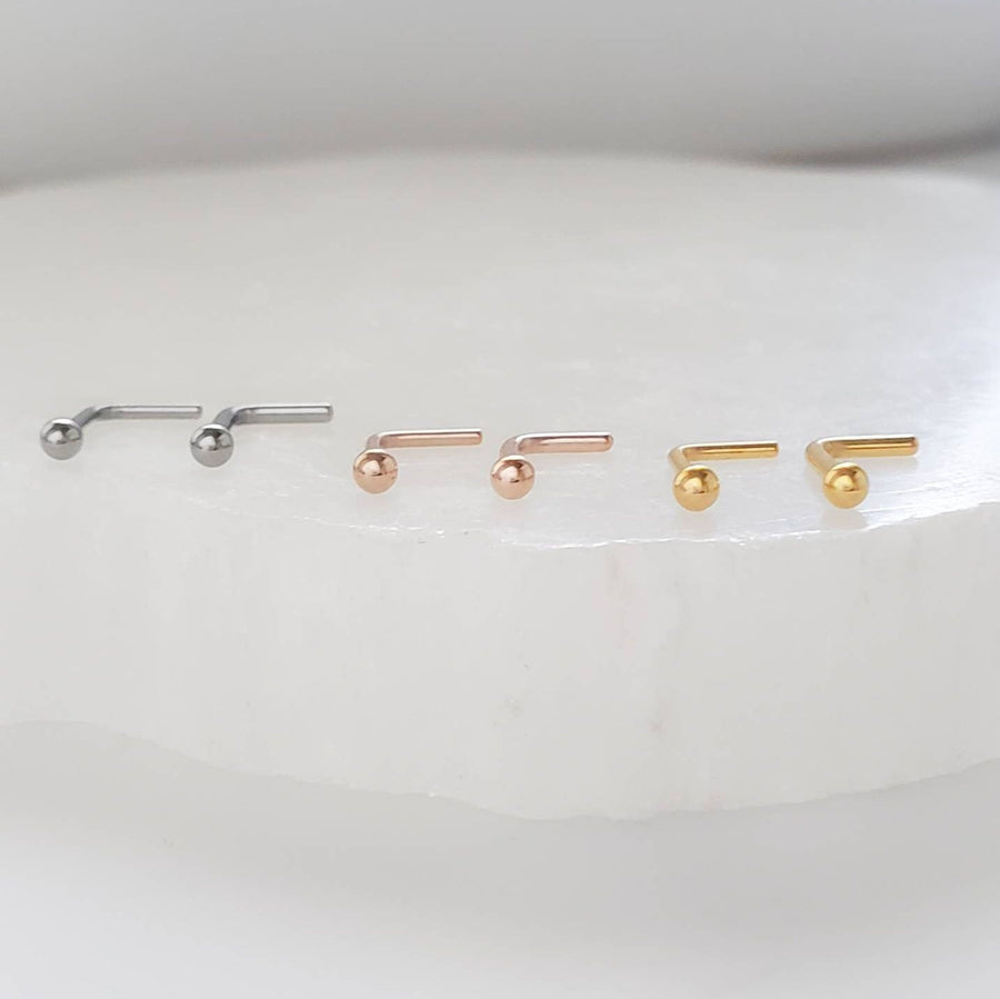 Tiny Ball L Bend Nose Stud • 18g or 20g • Surgical Steel • Gold • Rose Gold • 2mm Ball Stud • Delicate Nose Stud • Dainty Stud