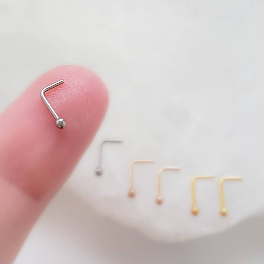 Tiny Ball L Bend Nose Stud • 18g or 20g • Surgical Steel • Gold • Rose Gold • 2mm Ball Stud • Delicate Nose Stud • Dainty Stud