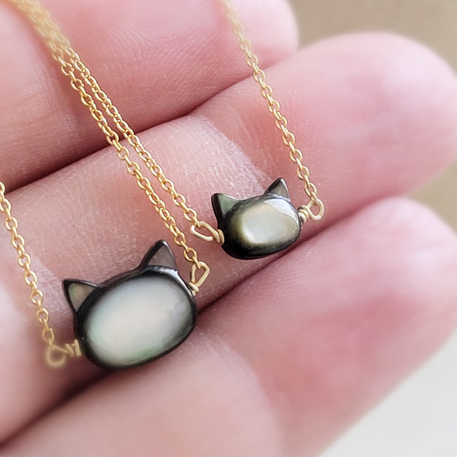 Mother & Daughter Kitty Cat Necklace Set • Gift For Mom • Cat Jewelry • Hand Carved Mother of Pearl • Matching Necklaces • Mother's Day Gift